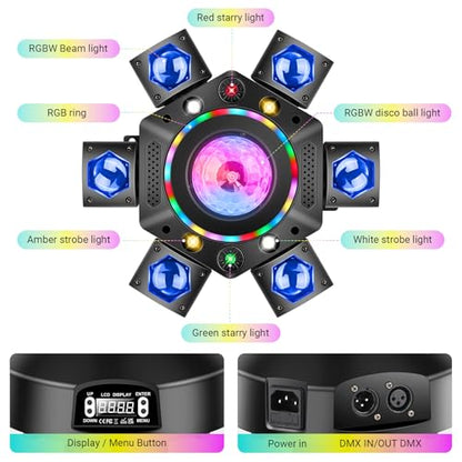 Moving Head DJ Light for Party 150W 6-Arm Remote Control | Disco Ball, LED RGB Ring, Red Green Starry, Strobe Multi Effects. DMX512 Sound Activated. For Stage, Wedding, Club, Events