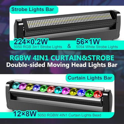 Moving Head DJ Light Bar,250W 4IN1 RGBW Wash&Strobe Light Bar 360° Double-Sided Moving Head Stage Lights with DMX512/Sound/RDM Professional DJ Uplights for Party Wedding Band Gig Disco 1Pack