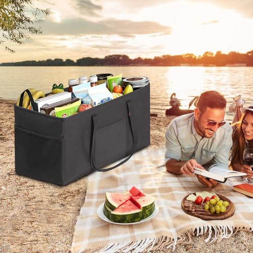 LHZK Standing Extra Large Utility Tote Bag with Metal Wire Frame and the Sides Rinforced, Extra Large Tote Bag with Handle, Reusable Grocery Bags Foldable, Beach Bag, Car Tote (Black, 26''x15''x13'') - color: Black, size: 26''x15''x13''-1 Pack