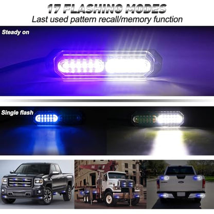 ASPL 8pcs Sync Feature Ultra Slim 12-LED Surface Mount Flashing Strobe Lights for Truck Car Vehicle LED Mini Grille Light Head Emergency Beacon Hazard Warning Lights (Blue/White) - color: Blue/White, size: 4.41L x 0.44W x 1.14H Inch