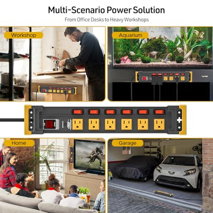 CRST 6-Outlet Metal Power Strip with Individual Switches 15A/1875W, 10FT - color: Black+Yellow, size: 6 Outlet-10FT