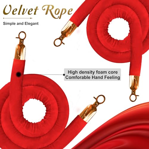 2PCS Red Velvet Stanchion Rope 5 Ft Crowd Control Ropes Barrier with Gold Hooks for Party - color: Red&Gold, size: 2PCS