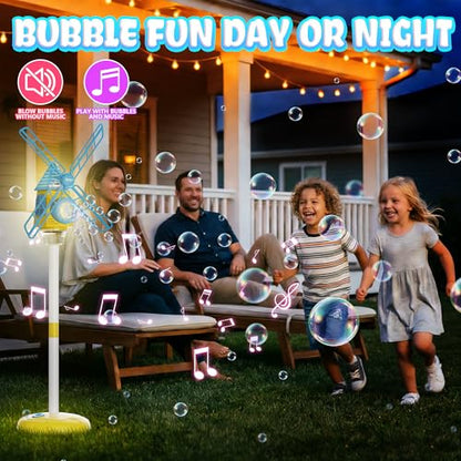 Belemar Windmill Bubble Machine Toys for Kids & Boys, Standing Bubble Blower with Lights & Music, 51" Adjustable Height, 130ml Tank, Bubble Solution Included, Outdoor Toy for Parties & Birthdays - color: Blue