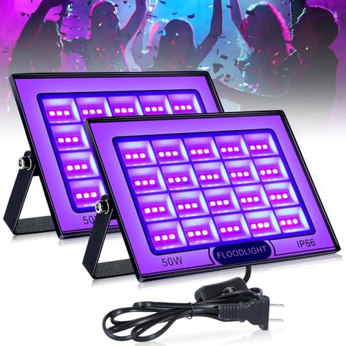 2 Pack 50W LED Black Light,IP66 Waterproof Blacklight with Plug and Switch,UV Black Lights for Glow Party,Halloween,Fluorescent Poster,Neon Glow,Stage Lighting(2Packs) - color: 50w-2pcs