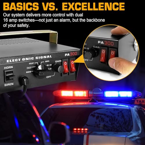 12V 100W Emergency Siren PA System Kit - 108-134dB Slim Speaker, 6 Sound Modes (Yelp/Wail/Hi-Lo), Vehicle Pa System with PTT Mic & Radio Input for Police Fire Tow Trucks UTV ATV