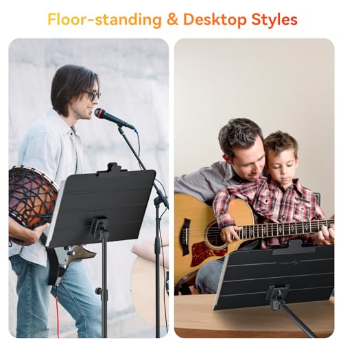 K KASONIC - Dual-Use Folding Sheet Music Stand & Desktop Book Stand with Portable Carrying Bag, Sheet Music Folder & Clip Holder (Black)