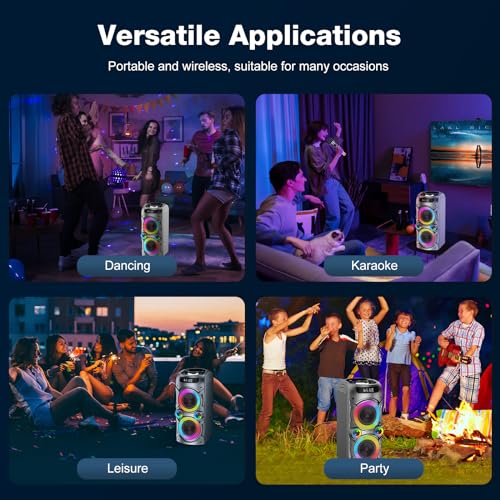 Karaoke Machine with 2 Wireless Microphones, Portable PA System Big Bluetooth Speaker with LED Lights, Remote Control Support Bass/Treble Adjustment, TF Card/USB, REC for Adult Kids Home Party