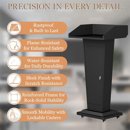Podium Stand with 4 Locking Wheels, Heavy-Duty Metal Lectern for Church, School, Office, and Conference, Large Lockable Storage Cabinet, 43.7" H, Black - color: Modern Tapered Alloy - Black
