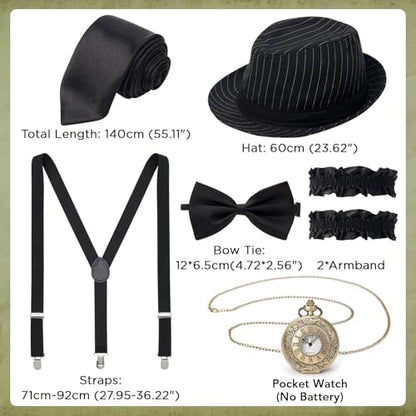 1920s Mens Costume Outfit, Roaring 20s Gatsby Accessories for Men, Vest Hat | 1920 mens outfit, gangster mobster costume,Peaky blinders costume, pocket watch, suspenders and tie, Harlem Nights, Halloween - color: Stylish Black White Stripe-striped Hat, si