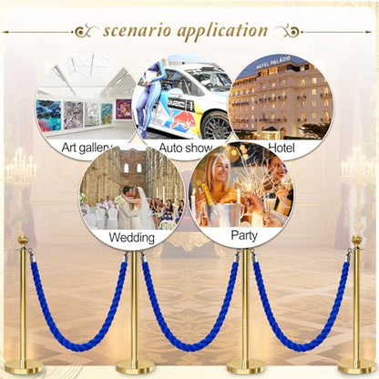 4PCS Blue Barrier Stanchion Rope 5 Ft Crowd Control Ropes Barrier with Silver Hooks for Party - color: Braided-Blue&Silver, size: 4PCS