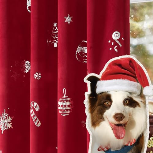 Lazzzy Christmas Curtains Velvet 96 Inch Length Thermal Insulated Silver Foil Print Drapes for Bedroom Living Room Darkening Window Treatments Rod Pocket Curtains, 2 Panels - color: Foil Silver/Red, size: 52"W x 96"L (Pack of 2)