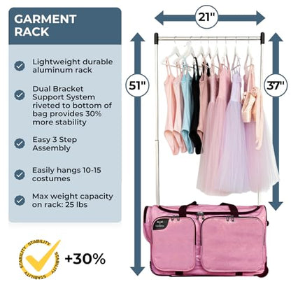 Travolution NEW Glittering Dance Bag with Garment Rack, 23 Inch Rolling Duffel With Wheels, Ideal for Competitions & Travel, Easy-assembly Lightweight Aluminum Clothes Rack (Glitter Blue) - color: Glitter Blue 23"