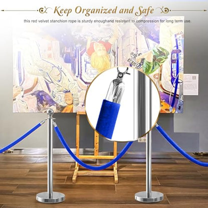 2PCS Blue Velvet Stanchion Rope 5 Ft Crowd Control Ropes Barrier with Silver Hooks for Party - color: Blue&Silver, size: 2PCS