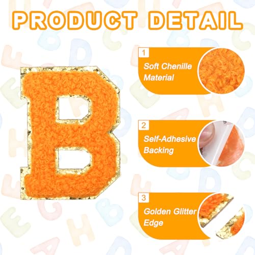 MECCANIXITY Chenille Letter Patches 2.2" Self Adhesive Letter B Stick on Embroidered Patch Sew on Letter Stickers Applique for Repairing Clothing Jeans Shoes Hats DIY(Orange, Pack of 2) - style: Letter-B