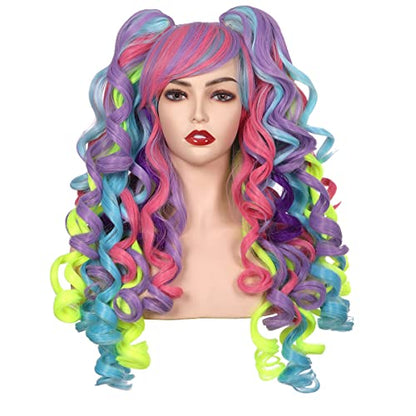 ColorGround Long Curly Cosplay Wig with 2 Ponytails (Purple/Pink/Blue/Green) - color: Purple/Pink/Blue/Green
