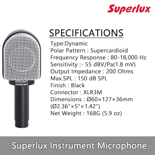 Superlux PRA628MKII Supercardioid Instrument Microphone for Guitar Amps | For guitar and bass cabinets in studios or live venues; flat supercardioid design handles 150dB SPL with focused pickup wired