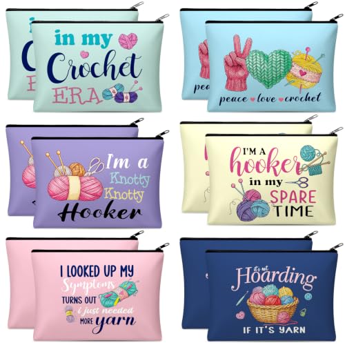 Reginary 12 Pcs Funny Crocheting Gifts for Crocheter Crochet Makeup Bags | Crochet Knitting Gifts, Crochet Accessories Cosmetic Bag, Travel Zipper Pouch, Christmas Friendship Birthday Gifts for Women - style: Crochet