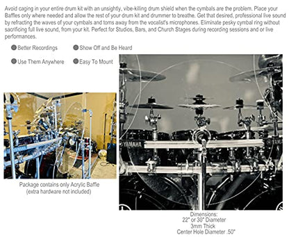 Portable Drum Shields Drum Sound Barrier 22 Inch - 4 Pack Sound Baffles Crystal Clear Acrylic Cymbals Shields Drums Kit, Muffles Live Recording Standard Mounting On All Cymbal Stands Acrylic Shield - size: 22 inch - 4 Pack
