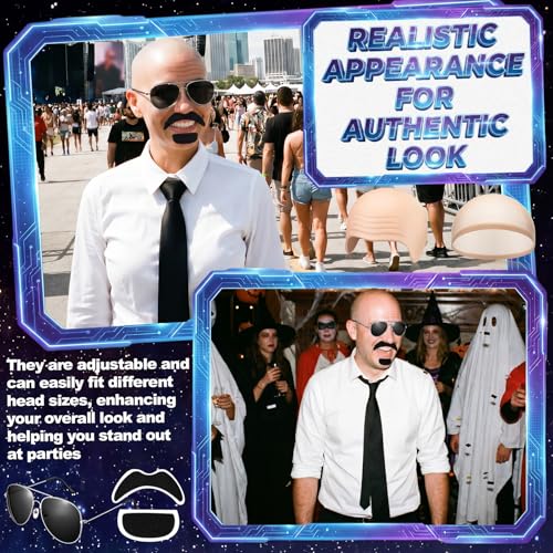 Mepase Bald Caps with Glasses Mustache Accessories | Halloween Cosplay Style Set, Bald Cap, Adult Lens Glasses, Beard Stickers, Costume Party Disguise Accessories - color: Wrinkle