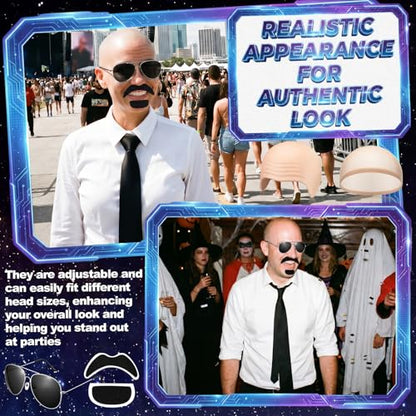 Mepase Bald Caps with Glasses Mustache Accessories | Halloween Cosplay Style Set, Bald Cap, Adult Lens Glasses, Beard Stickers, Costume Party Disguise Accessories - color: Wrinkle
