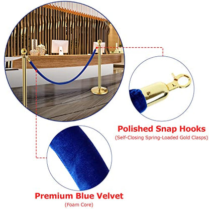 4 Pack Blue Velvet Stanchion Rope, 5ft Velvet Ropes Stanchion Ropes with Gold Clasps, Crowd Control Rope Queue Safety Sarriers Stanchion Post Rope for Party Event and Red Carpet - color: Blue