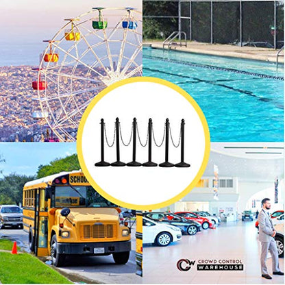 Plastic Stanchion Crowd Control Barrier Kit, Black, 6-Pack, 50 Ft Chain | Montour Line 2.5-inch-diameter, 40-inch Posts with Fillable Flat Bases, UV Inhibitors Help Resist Fading, Indoor/outdoor Use - color: Black