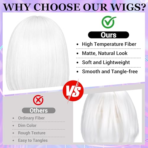 Short Bob Straight Hair Wigs with Bangs, Heat Resistant Fiber Hair, Heart-shaped Glasses for Women (White) - color: White