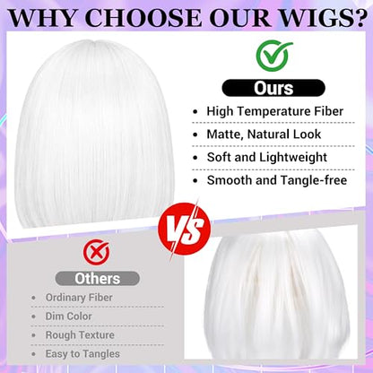Short Bob Straight Hair Wigs with Bangs, Heat Resistant Fiber Hair, Heart-shaped Glasses for Women (White) - color: White