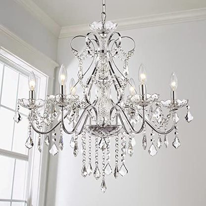 Saint Mossi 6 Light Crystal Chandelier Light Fixture Modern Chandelier Pendant Lighting, Chrome Pendant Raindrop Chandelier for Dining Room,Bedroom,Living Room,H23 x D24 - color: Chrome