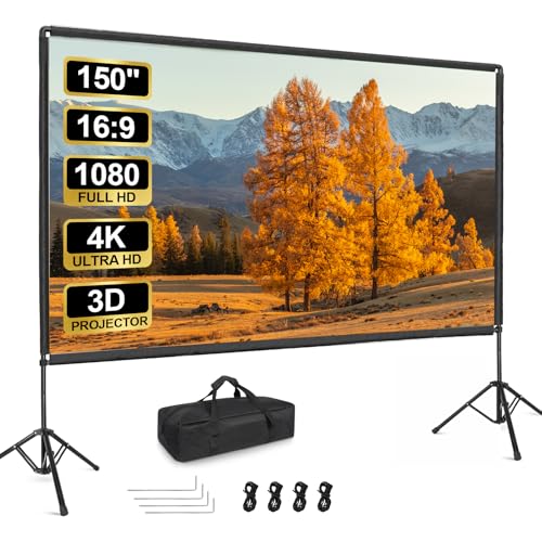 150inch Projector Screen with Stand Outdoor Movie Screen | Portable Projector Screen Stand with Elastic Rope Bar, Indoor 16:9 6K HD Projection Screen with Carry Bag for Movie Night Cam