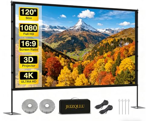 Outdoor Projector Screen with Stand 120 Inch, Portable Indoor/Outdoor 4K HD Movie Screen 16:9, Wrinkle-Free & Lightweight with Carry Bag for Backyard Camping Movie Nights