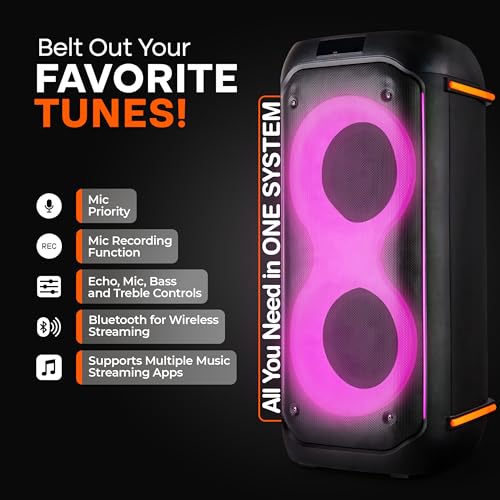 Pyle 컴팩트 블루투스 PA 파티 스피커 시스템 - 160W 휴대용 노래방 기계, 내장 배터리, TWS, 마이크 우선 순위, USB/SD/BT/FM, 플래시 LED 조명, 듀얼 16.5cm(6.5인치) 스피커, 29.5 x 29.5 x 64cm(11.6 x 11.6 x 25.25인치) - style: 휴대용 케이스 없음