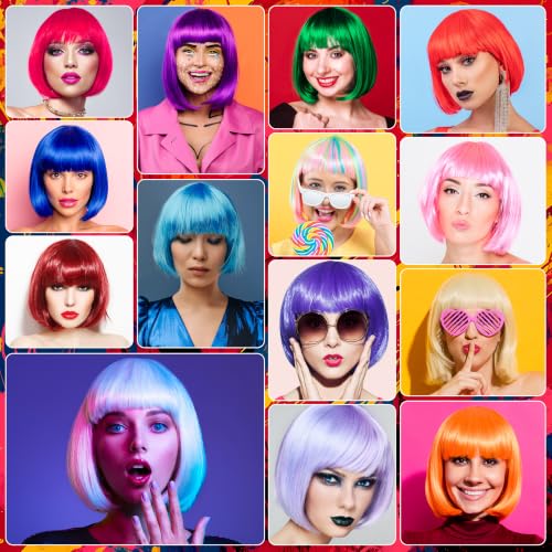 Pink Short Bob Straight Hair Wigs with Bangs, 11inch Synthetic Fiber Colorful Hair, Neon Heart-shaped Sunglasses and Wig Cap for Women, 80s 90s Costume, Halloween, Dress Up - color: Pink