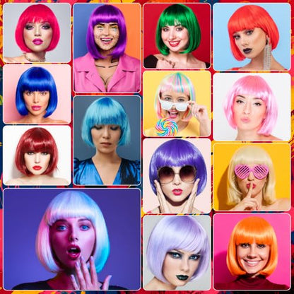Short Bob Straight Hair Wigs with Bangs, Synthetic Fiber Colorful Hair, Heart-shaped Sunglasses for Women (Burgundy) - color: Burgundy