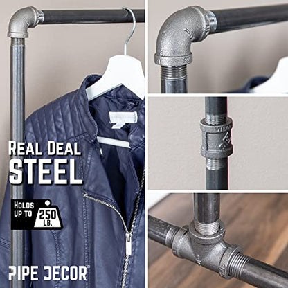 PIPE DECOR 39” x 20 ¼” x 58” Rolling Steel Pipe Clothing Rack, Commercial or Residential Industrial Clothes Display, Heavy Duty Black Steel Metal Wheeled Garment Frame - size: 39 in. x 58 in.