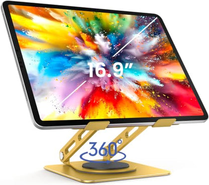 LOXP Adjustable Tablet Stand, 360 Rotating with Heavy-Duty Base - Gold | Perfect for Travel, Desk, Office, 4.7-16.9" Device, iPad Pro Air Mini, Kindle, Surface Tablet, Portable Monitors - color: Gold