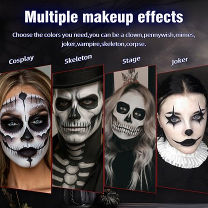 White Black Blue Halloween Face Body Paint with 3PCS Sponge and 1PC Brush, for Baseball, Sports(Eye Black) & Halloween, Face Painting Kit for Skeleton Skull Makeup, Cosplay, SFX Costumes - color: White+Black+Blue