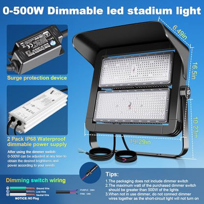 75000LM Dimmable Led Stadium Flood Light 3000W Equivalent | Super Bright 0-500w Led Arena Lights 100-277v 5000k Yoke Pole Mount Ip66 Waterproof Outdoor Commercial Extra Large Light - size: Extra Large/500/Dimmable