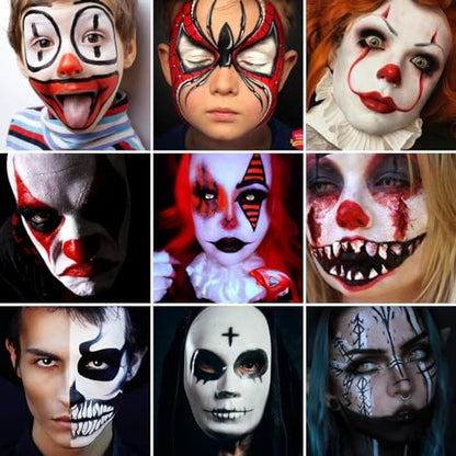 Scary Clown Makeup Face & Body Paint Kit Professional Black White Red SFX Cream Bodypaint with 5 Brushes Sponge Applicators & Clown Nose Facepainting Set for Kids Adult Halloween Joker Vampire Zombie - color: Black White Red 10 PCS