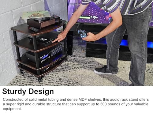 Rockville FLX Dark Wood Adjustable Height 4 Shelf Home Theater Audio Rack Stand, 24"x18", 300lb Limit, Steel Tubes, Perfect for Home Theaters, Studios | 300 lb Capacity, 24"x18" MDF Shelves, Expandable, Lockable Casters, Carpet Spikes, Rubber Feet, Open-A