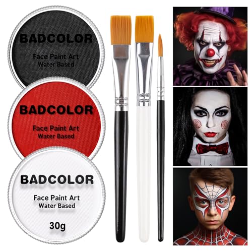 White Black Red Joker Clown Face Body Paint with Brushes for Halloween Makeup, Water Based Face Painting Kit Non Toxic for Kids & Adults, Facepaint Set for Skull Witch Goth Vampire SFX Cosplay Make Up - color: Black+White+Red+3Pcs Brushes