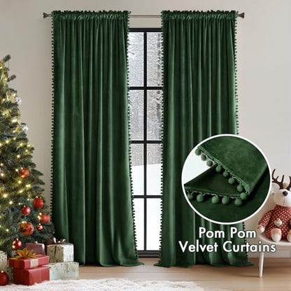 MIULEE Emerald Green Pom Pom Velvet Blackout Curtains, W52 x L96 Set of 2 | Rod Pocket Curtains,Thermal Insulating,Christmas Blackout Curtains for Bedroom/Home Theater/Living Room Darkening - color: Emerald Green, size: 52"W x 96"L (Pack of 2)