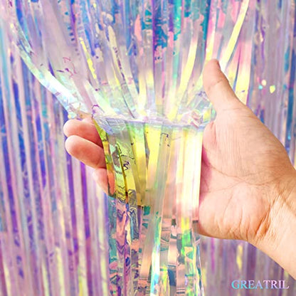 Iridescent Party Streamers Backdrop - GREATRIL Neon Transparent Holographic Tinsel Foil Fringe Curtain for Mermaid/Frozen/Sea/Euphoria/ERAS Party Theme Decorations 3.2ft x 6.5ft 2 PCS | GREATRIL Neon Transparent Holographic Tinsel Foil Fringe Curtain for
