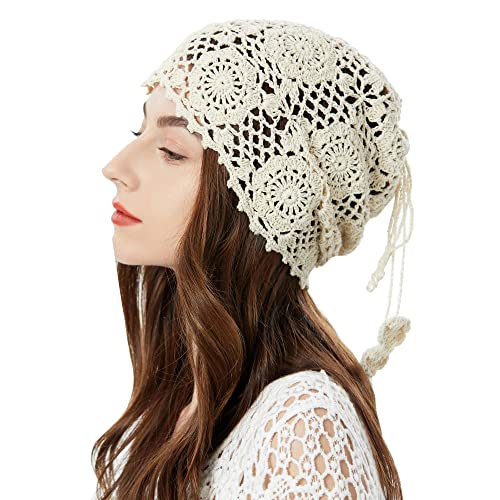 ZLYC Women Cotton Crochet Slouchy Beanie Hat Handmade Knit Summer Skull Cap | Lightweight breathable,boho casual chic look,travel photos festival party,café commute daily wear,beach concert gathering - color: Beige Ponytail