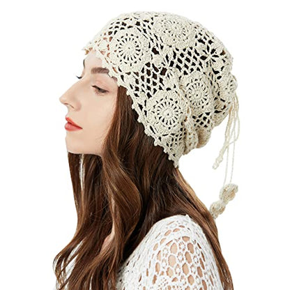ZLYC Women Cotton Crochet Slouchy Beanie Hat Handmade Knit Summer Skull Cap | Lightweight breathable,boho casual chic look,travel photos festival party,café commute daily wear,beach concert gathering - color: Beige Ponytail