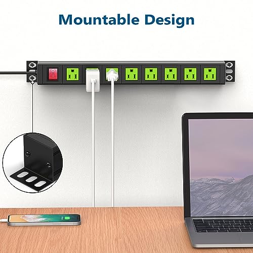 Metal 8 Outlet Mountable Power Strip, Wall Mount Outlet Power Strips Heavy Duty, Commercial Shop Power Strip with Switch, 15A 125V 1875W, 300J (Green 6FT) - color: Green 6FT