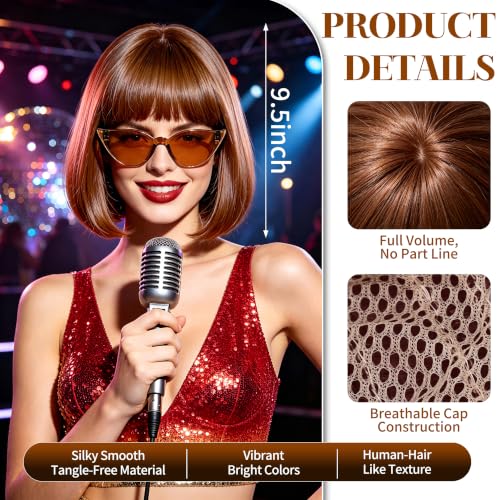 Short Bob Straight Hair Wigs with Bangs, Synthetic Fiber Colorful Hair, Cat Eye Glasses for Women (Brown) - color: Brown