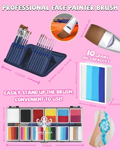 Anka Bella Professional Face Painting Kit,12X10gm Water Based Cake Face Paint with Stencil & Brushes,Hypoallergenic Safe & Non-Toxic,Gift for Birthday Parties/Halloween/Christmas - color: Rainbow Splicing set