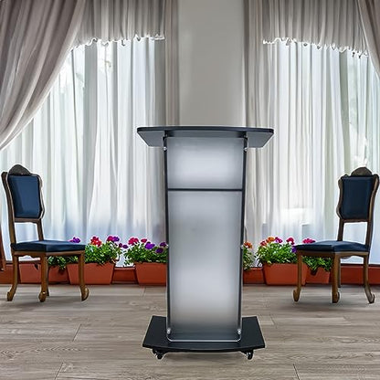 FixtureDisplays® 23.8x15x46.7" Acrylic Church Podium Pulpit Debate Conference Lectern Plexiglass Lucite Black Wood Shelf on Wheels 1803-5-BLACK-NEW-2D