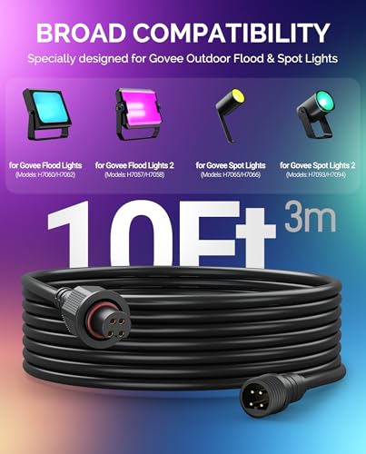 10FT Extension Cable for Govee Outdoor Flood Lights and Spot Lights | Waterproof 4-Pin Extension Cord for Govee H7057, H7058, H7060, H7062, H7093, H7094, H7065, H7066, Black (10FT-3 Pack) - size: Extension Cable - 10FT - 3 Pack